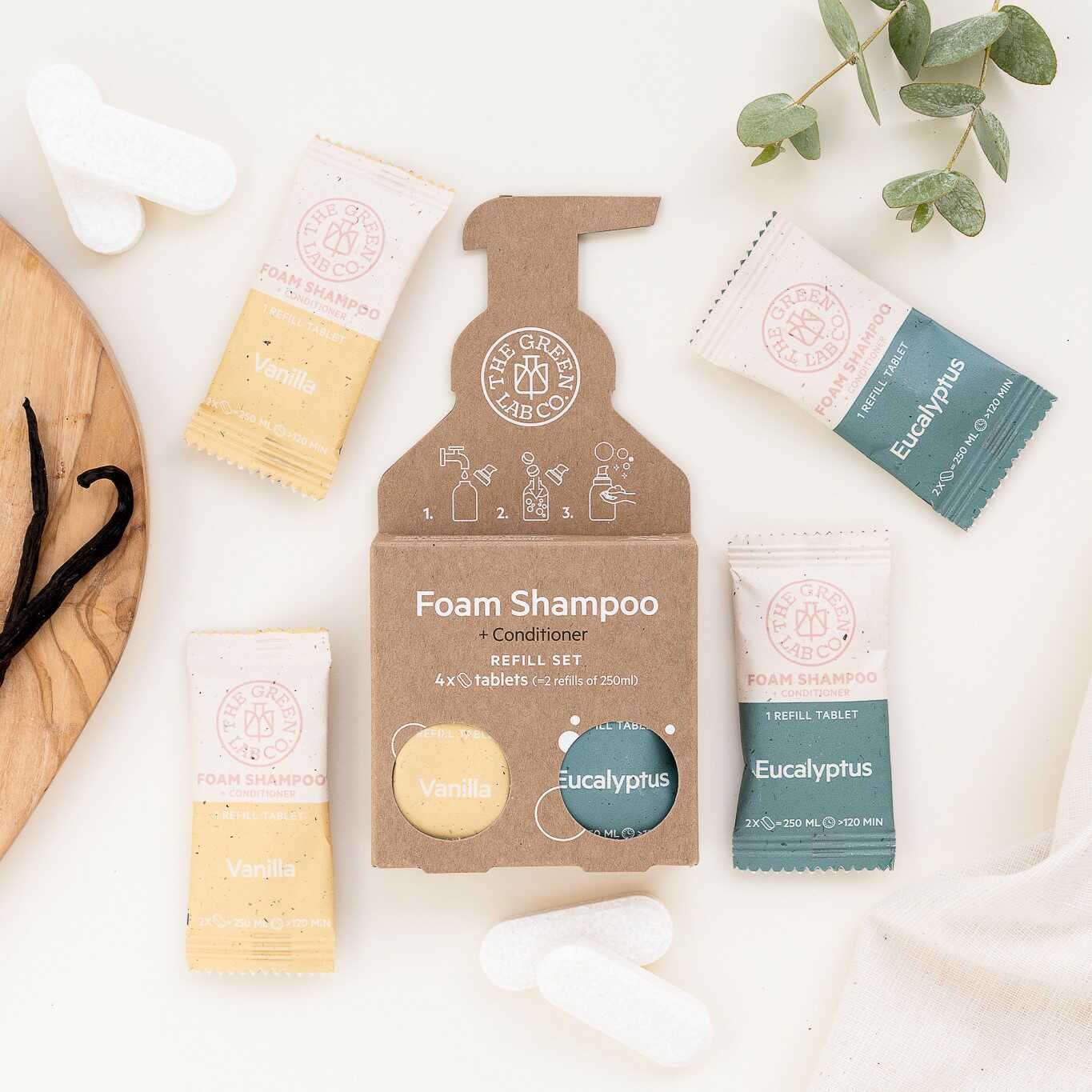 The Green Lab Co foam shampoo + conditioner refill set—Eucalyptus & Vanilla tablets on a light background.